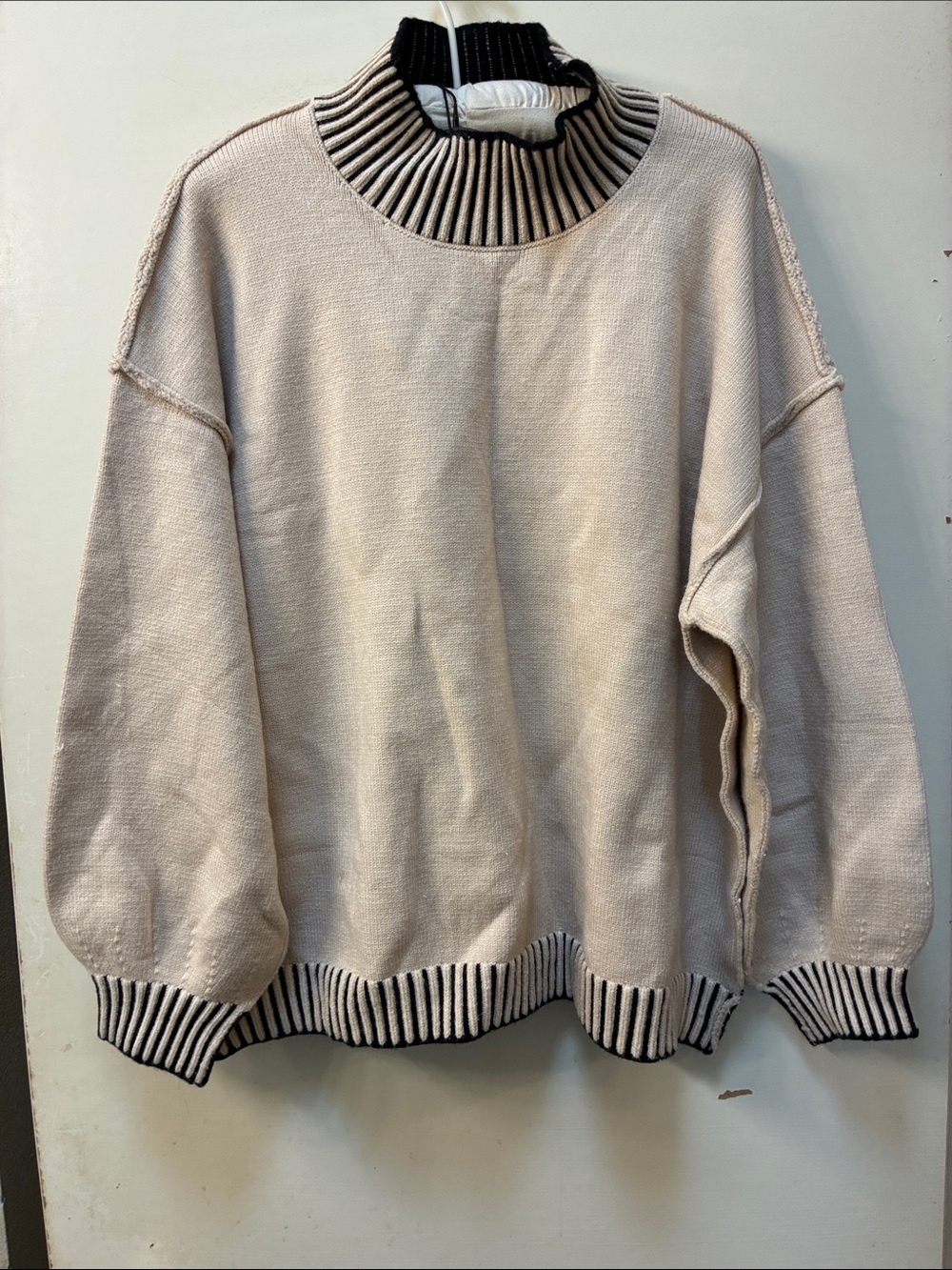 NWT woman’s Cream Knit Sweater with Contrasting Ribbed Collar Large